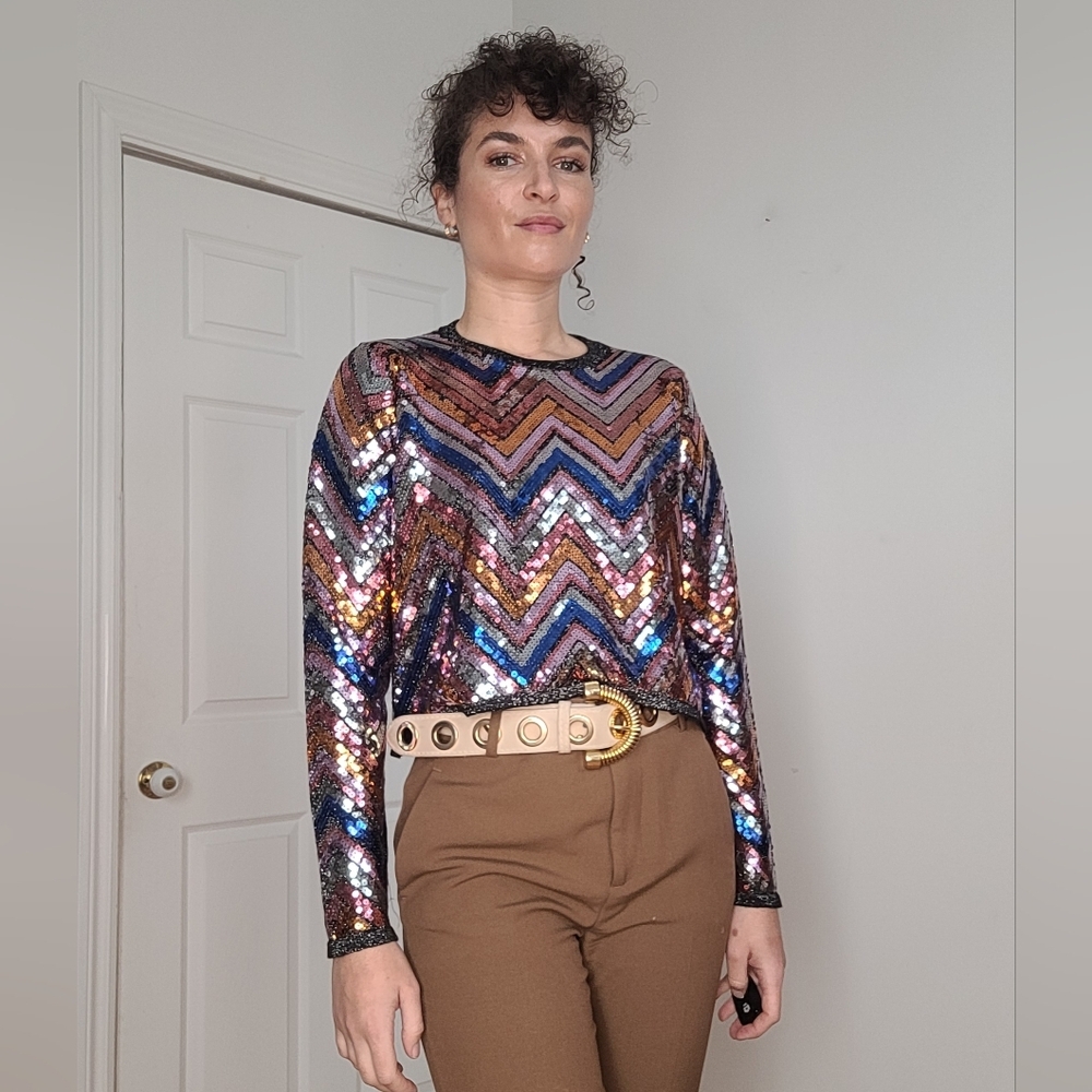 Long Sleeve Multicolored Sequin Blouse